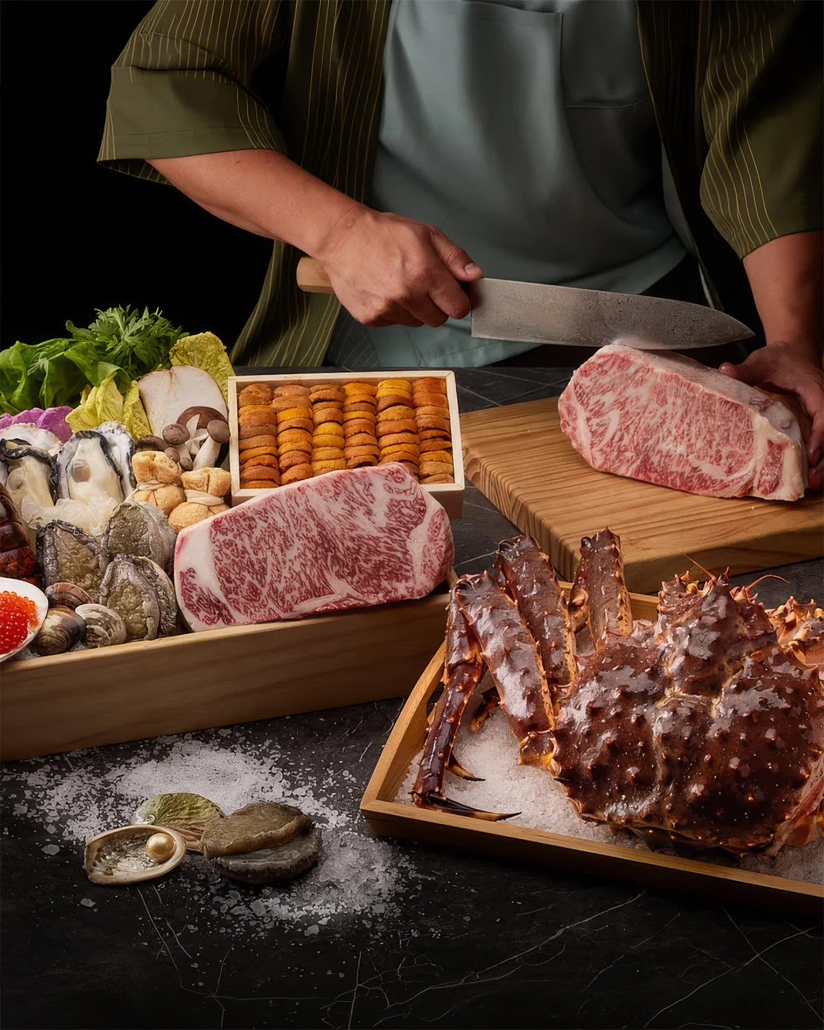 Premium Japanese ingredients — wagyu, uni, king crab